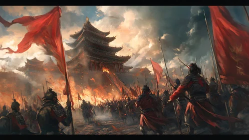 Fiery siege of an ancient palace under stormy skies.