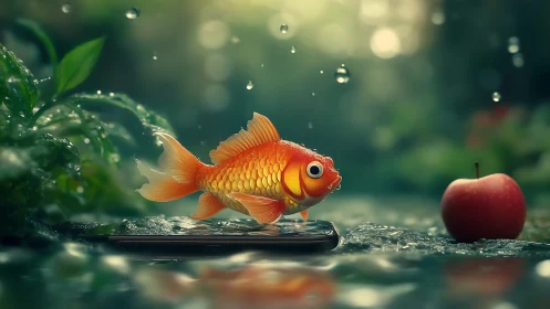 Goldfish stands on smartphone in wet outdoor setting