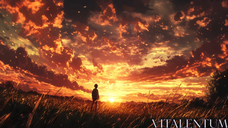 Lone figure watches blazing sunset over windlit field.