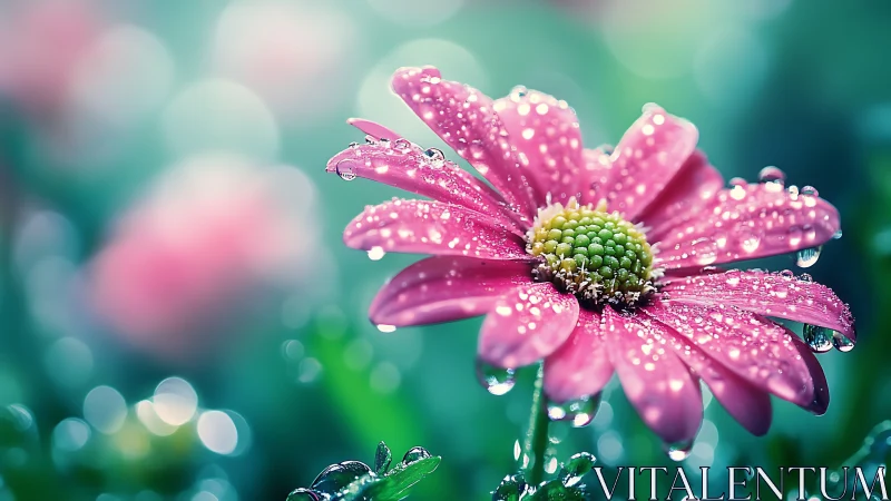 Pink Daisy with Dew Droplets on Blurred Green Background.