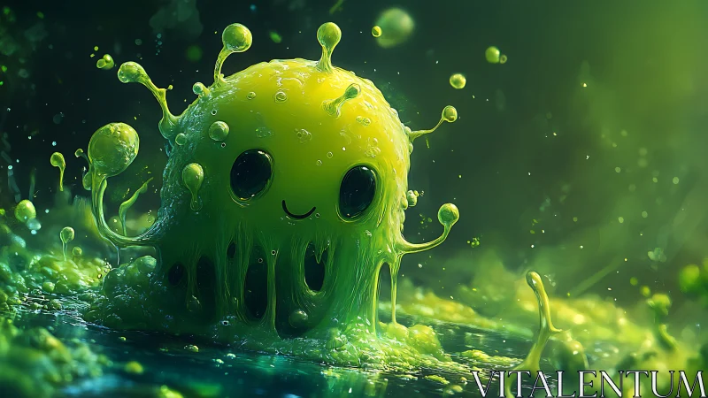 Smiling neon slime creature drips across glowing surface