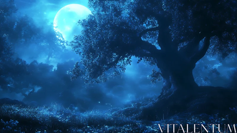Nocturnal moonlit grove with monumental fantasy oak tree.