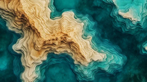 Layered desert island drifting in deep teal waters.