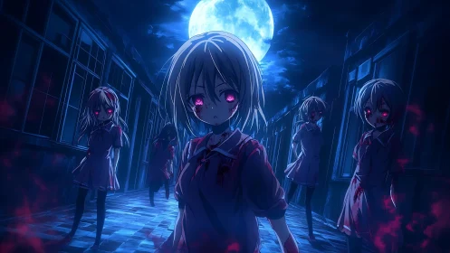 Moonlit corridor with bloodstained anime schoolgirls.