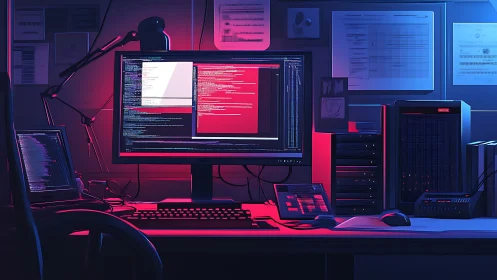 Cybersecurity workstation with code on screens at night.