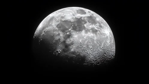 Luminous half moon unveils cratered seas in silent orbit.