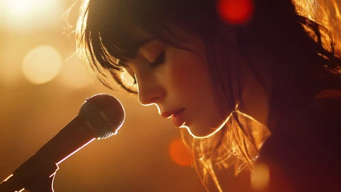 Backlit singer profile in warm stage spotlight glow.