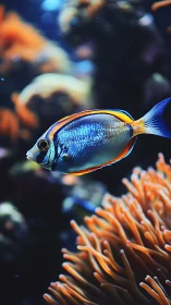 Colorful reef fish swimming over vivid orange coral.