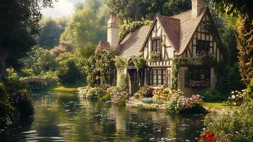 Riverside cottage dream wrapped in ivy, blooms, and gold light.