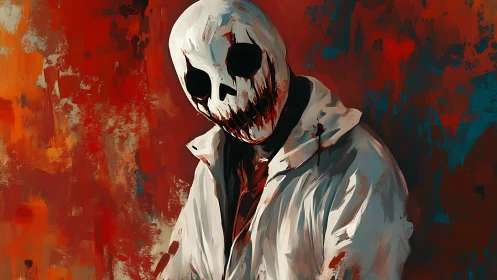 Masked figure with skull face stands before textured backdrop