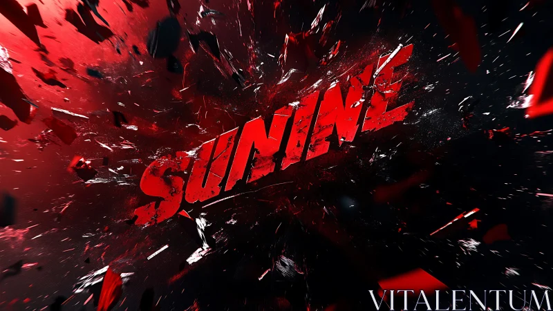 Exploding red SUNINE text with dynamic shattered fragments.