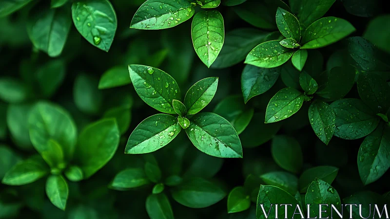 Wet green foliage with close-up view of glossy leaves.