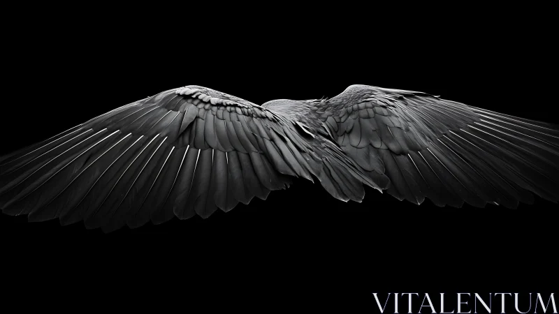 Majestic black bird wings spread wide on dramatic dark background.