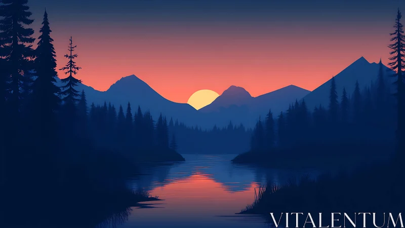 Serene mountain lake sunset glows behind dark pine silhouettes.