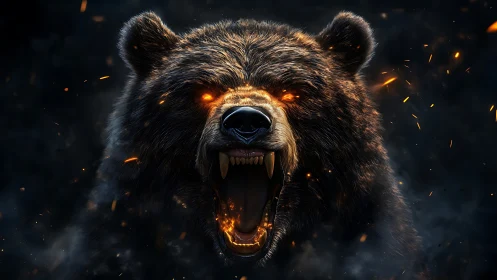 Roaring bear with molten eyes dominates dark ember haze