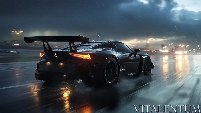 Lexus GT race car powers through wet night circuit in rain.