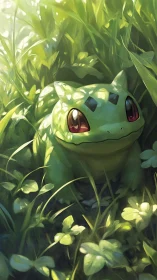 Gentle green creature rests peacefully in soft morning grass