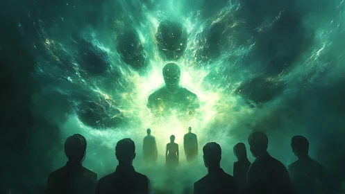 Cosmic entity materializes before silhouetted observers in teal.