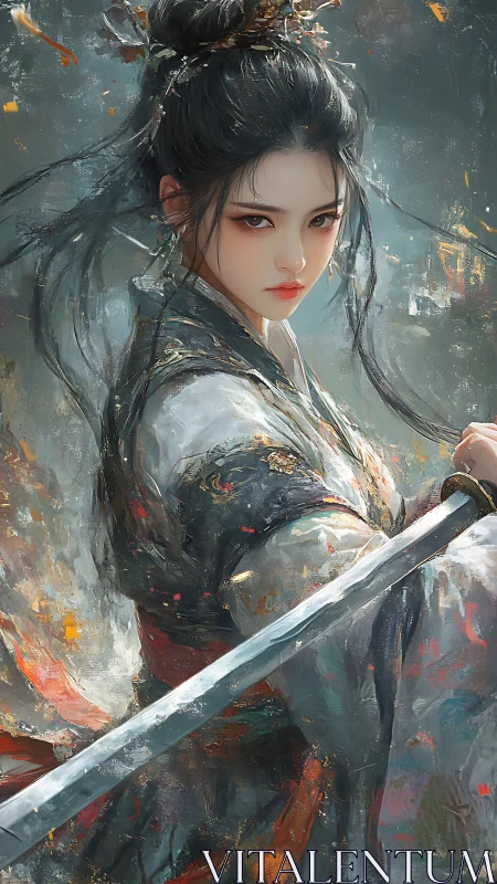 Female warrior in ornate robe holding sword, painterly style.