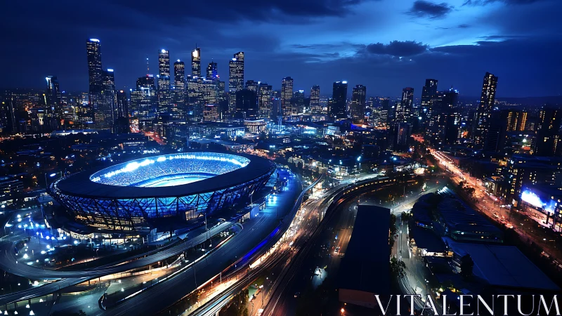 Glowing city stadium shining under a calm blue twilight sky.