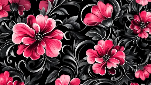 Pink Dahlias Against Black Background with Ornamental Foliage.