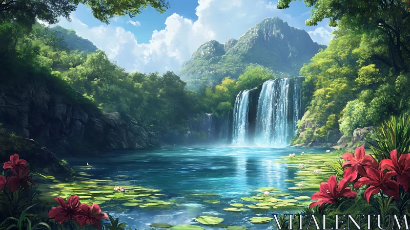 Lush tropical waterfall lagoon with vivid lilies at sunrise.