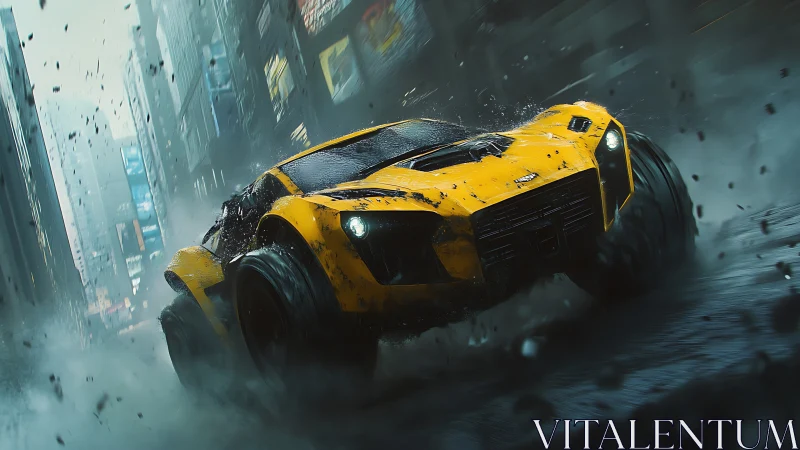 Yellow cyberpunk racer drifts through storm-soaked city streets.