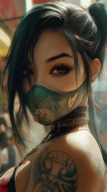 Masked street siren with neon gaze and inked rebellion.