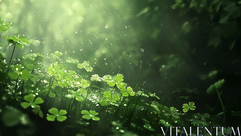 Sunlit woodland clover under soft rain shower glow.