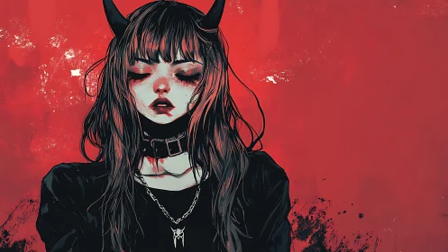 Gothic horned girl portrait against bold red field.