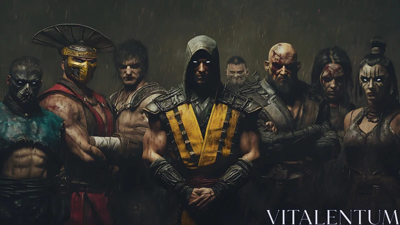 Armored fantasy warriors stand united in dark storm.