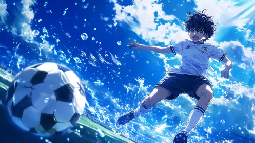 Energetic anime soccer kid kicking ball under bright sky.