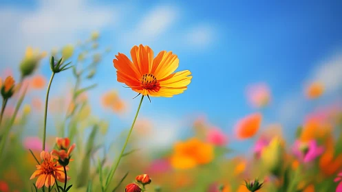 Cosmos flowers in full bloom with vibrant orange and yellow petals.