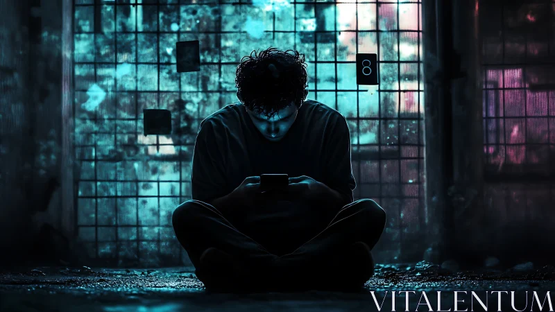Brooding young man lit by phone in neon blue decay