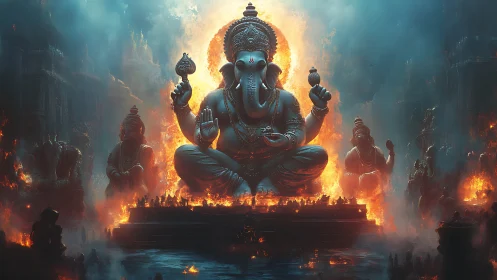 Colossal Ganesha deity dominates burning mythic temple citadel.