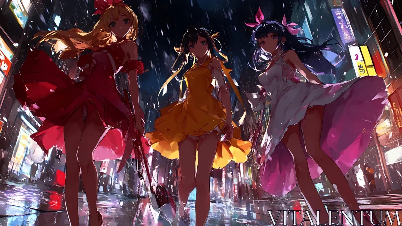 Three girls walk through neon city street in heavy rain
