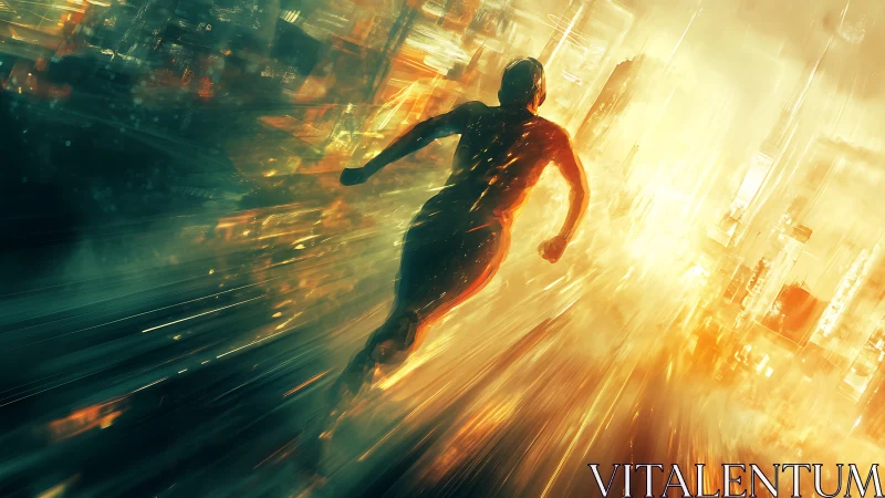 Silhouetted runner moving through luminous urban motion field.