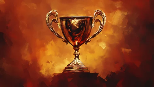 Gold trophy cup on warm textured abstract background.