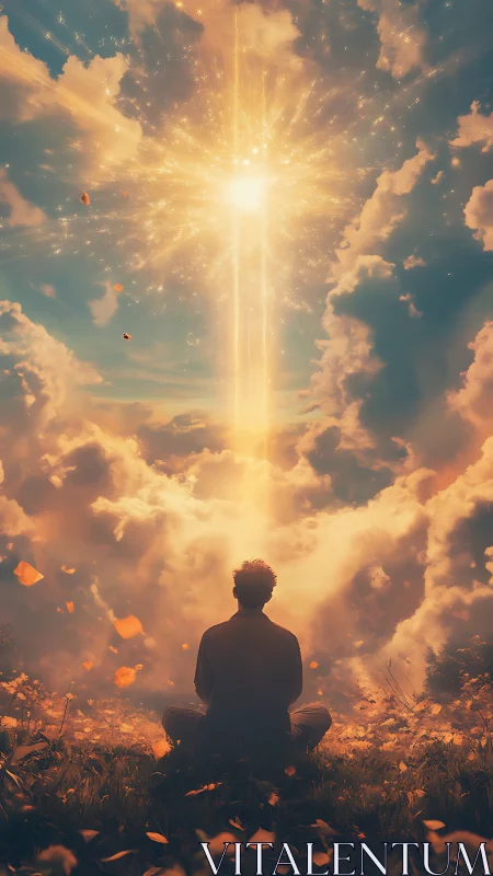 Solitary figure observes vertical light column through clouds