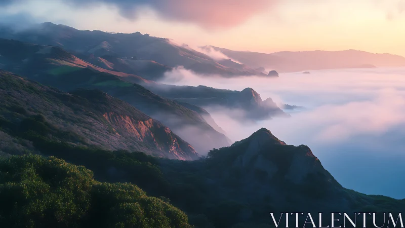 Mist-draped coastal cliffs bask under watercolor sunrise light.