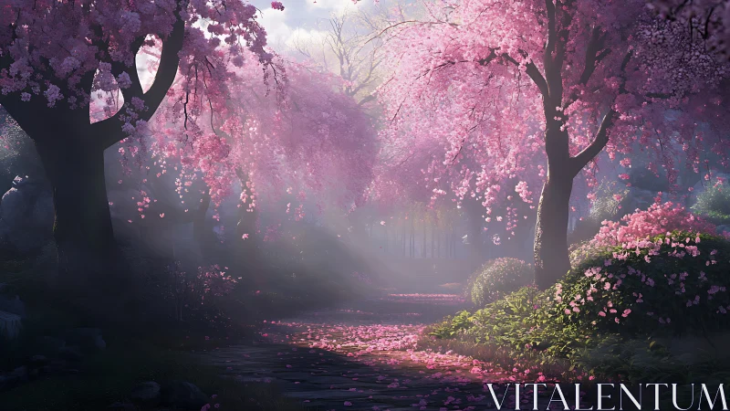 Sunlit cherry blossom path drifts through tranquil garden.