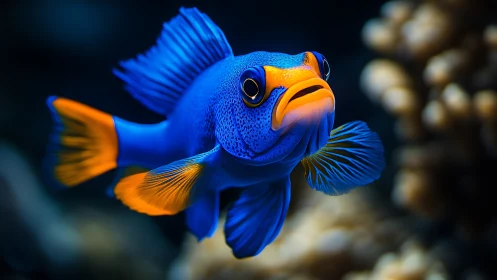 Blue and orange tropical fish swims in sharp underwater focus