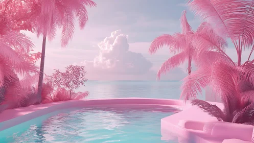 Pink tropical infinity pool overlooks calm pastel ocean.