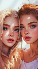 Hyperreal close-up portrait of two blue-eyed freckled girls