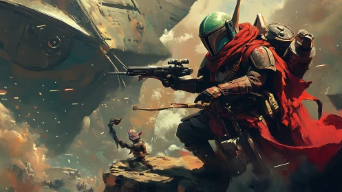 Armored space hunter aims rifle amid storm of starship debris.