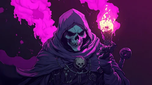 Hooded skeletal mage wields neon magenta occult torchlight