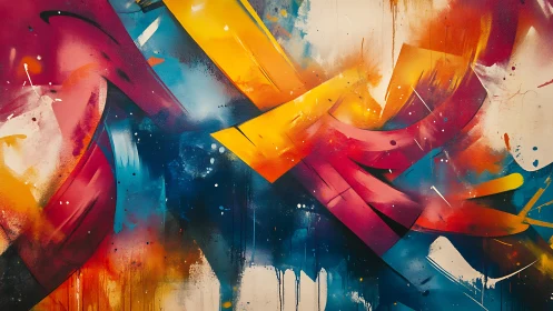 Bold abstract graffiti mural with sweeping color streaks.