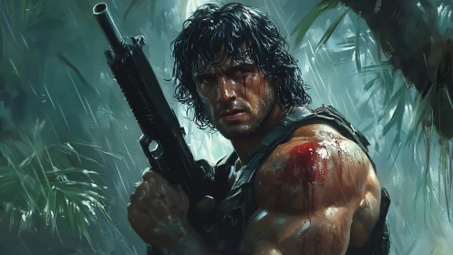 Battle-hardened soldier grips rifle in rain-soaked jungle