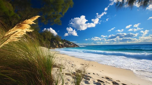 Coastal shoreline with dunes, surf and scattered vegetation.