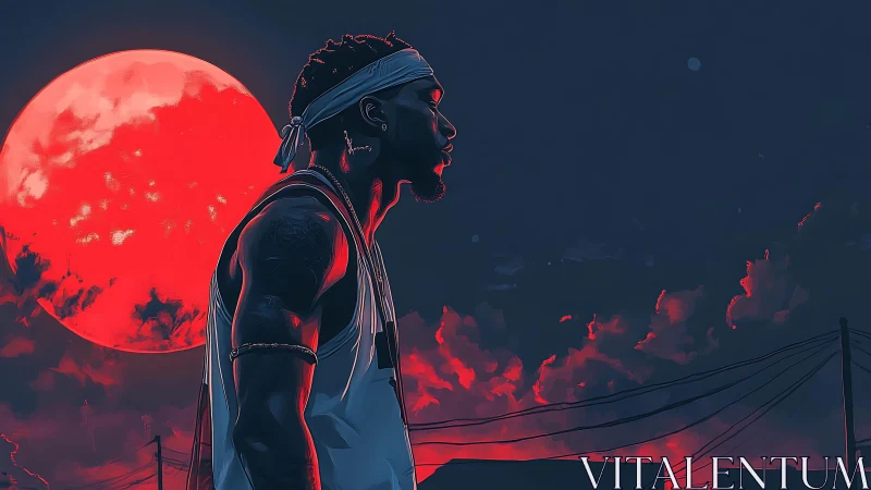 Silhouetted urban runner studies crimson moonlit skyline